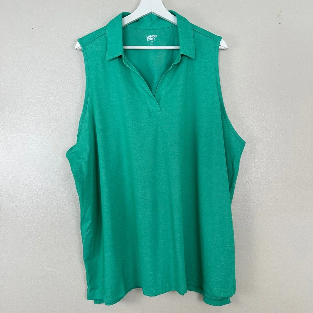 Lands' End Women's 3X Sleeveless Polo Shirt Green V-Neck Pique Cotton Blend - Picture 1 of 9